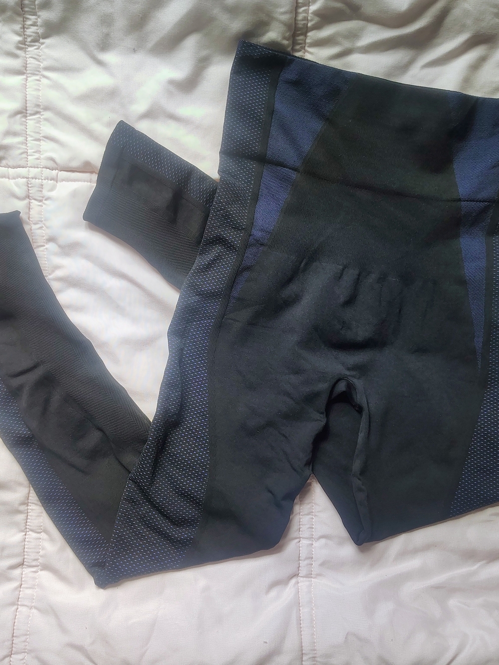 SPANX Black Leggings with Navy Side Panels and Textured Insets
